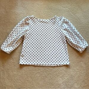 Green Envelope, White with Black Polka Dots, Puffed Sleeve Top. Medium.
